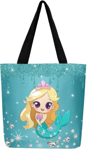 Castle Fairy Animals Theme Canvas Tote Bag,Diamond Sequin Fluid Art Aesthetic Shoulder Handbags for Shopping Gym