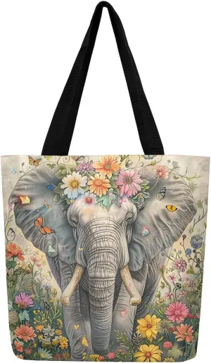 Castle Fairy Purple Elephant Canvas Tote Bag for Adults,Ethnic Tribal Animals Reusable Shopping Bags Portable Storage Handbag