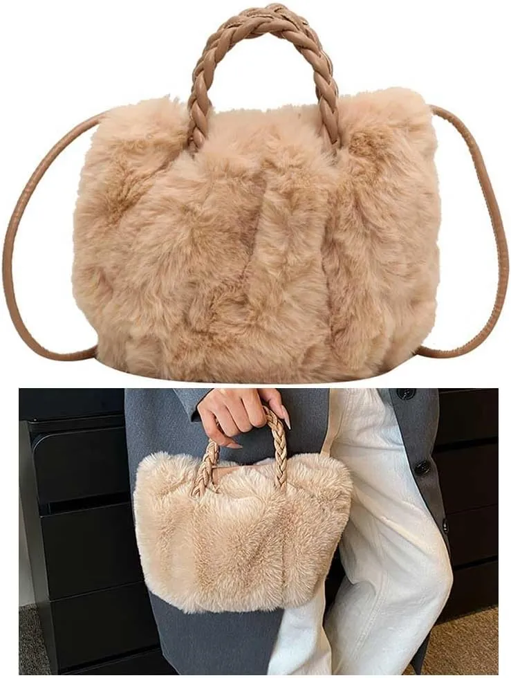 Casual Fuzzy Tote Handbag Soft Faux Handbag Versatile Girl Stylish Purse Women Fluffy Crossbody Bag