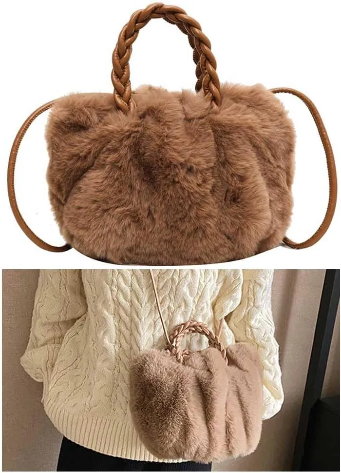 Casual Fuzzy Tote Handbag Soft Faux Handbag Versatile Girl Stylish Purse Women Fluffy Crossbody Bag