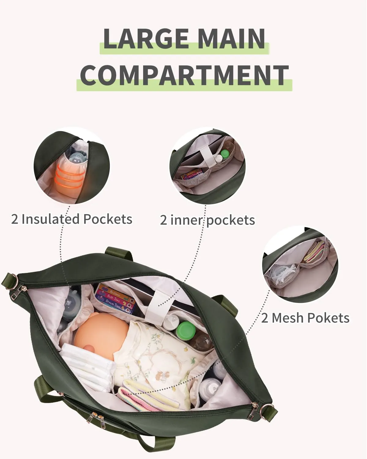 CEI-CEI Diaper Bag Tote Neoprene Mothers Day Gifts Waterproof Large Travel Baby Bags for Mom and Dad with Pacifier Case and Changing Pad Maternity Hospital Totes with Stroller Strap (Army Green)