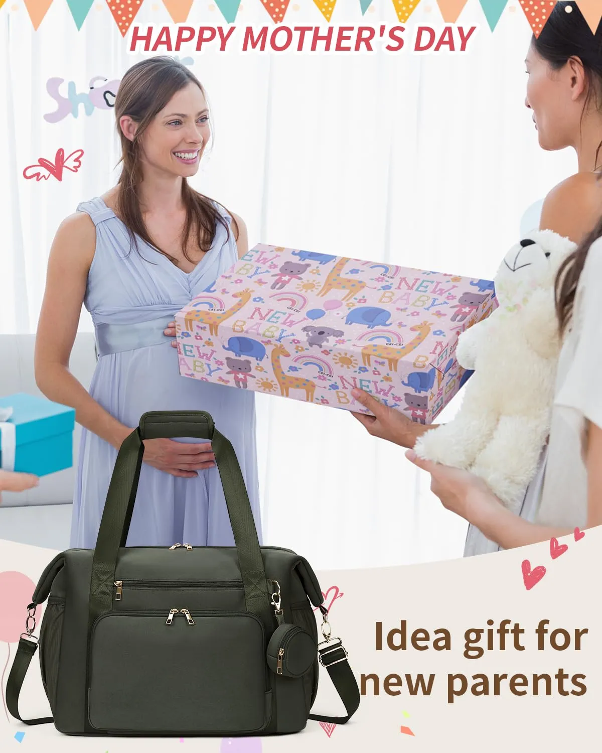 CEI-CEI Diaper Bag Tote Neoprene Mothers Day Gifts Waterproof Large Travel Baby Bags for Mom and Dad with Pacifier Case and Changing Pad Maternity Hospital Totes with Stroller Strap (Army Green)