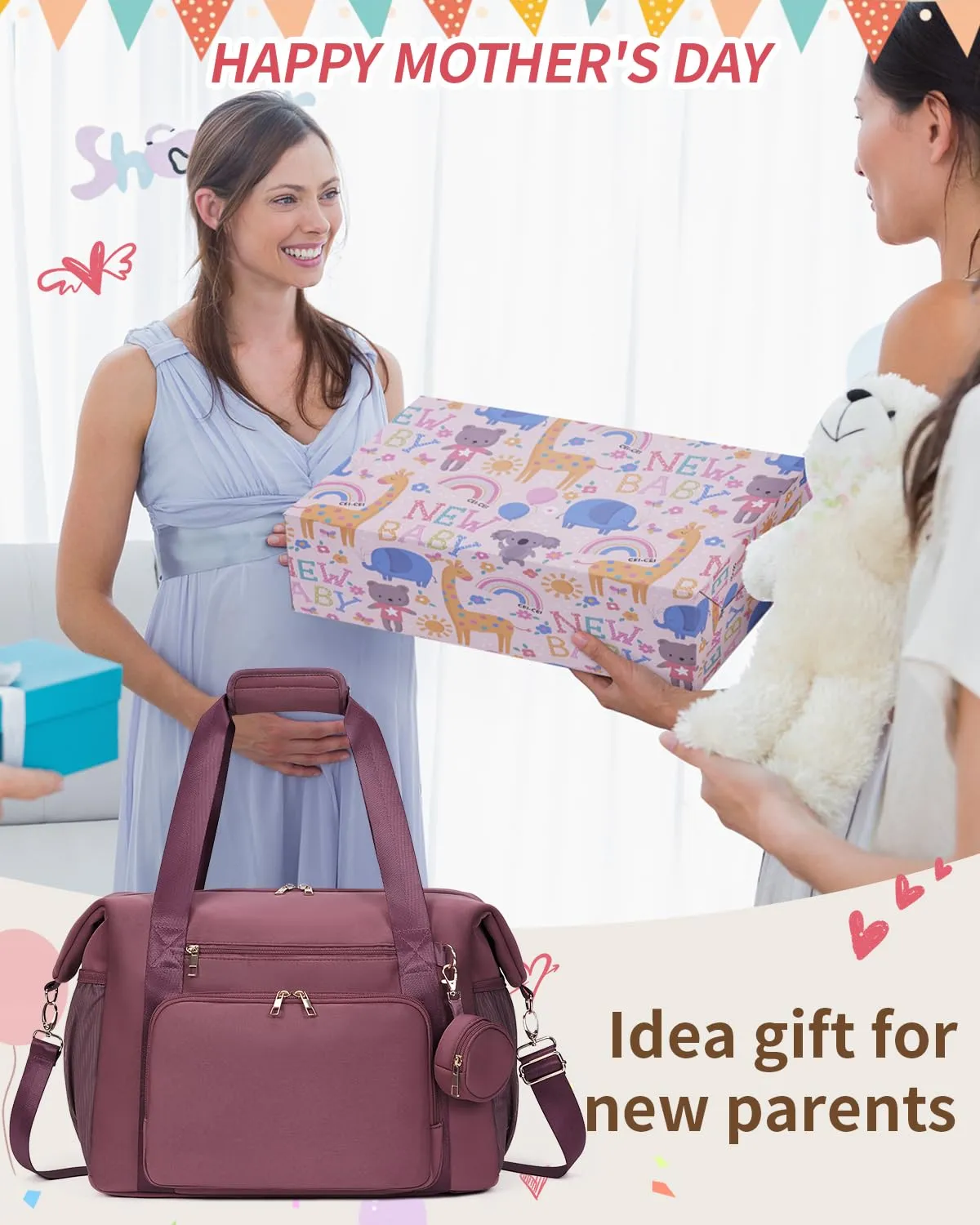 CEI-CEI Diaper Bag Tote Neoprene Mothers Day Gifts Waterproof Large Travel Baby Bags for Mom and Dad with Pacifier Case and Changing Pad Maternity Hospital Totes with Stroller Strap (Pink)