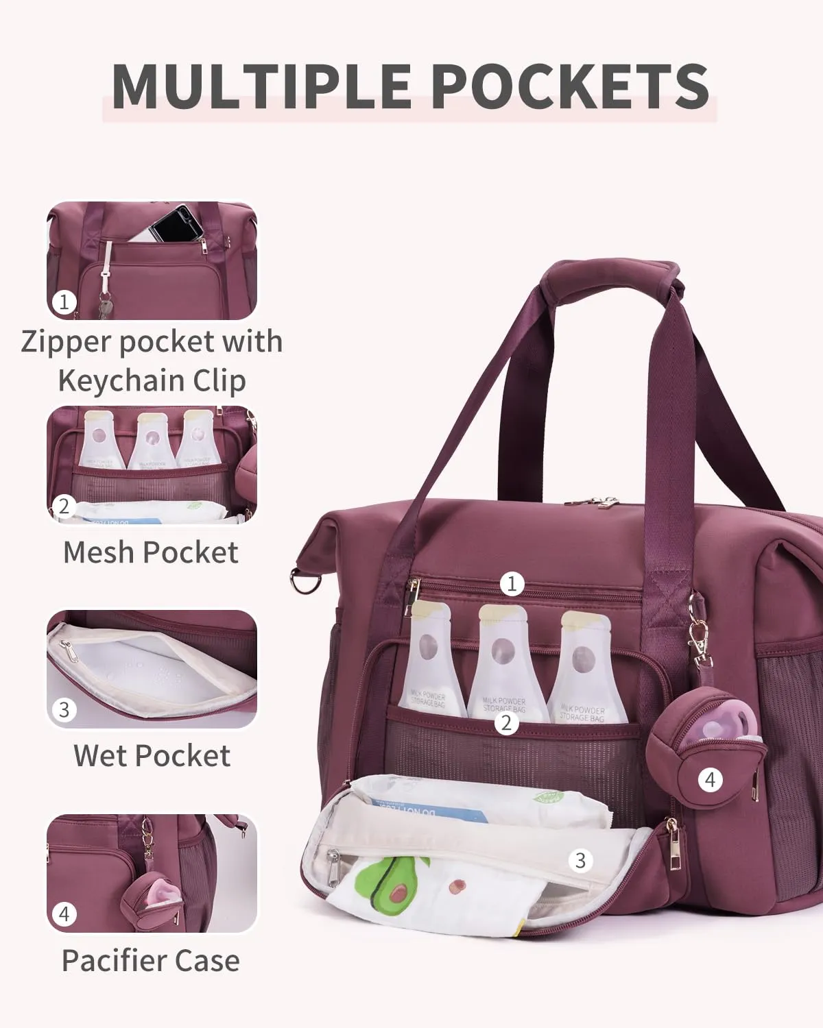 CEI-CEI Diaper Bag Tote Neoprene Mothers Day Gifts Waterproof Large Travel Baby Bags for Mom and Dad with Pacifier Case and Changing Pad Maternity Hospital Totes with Stroller Strap (Pink)