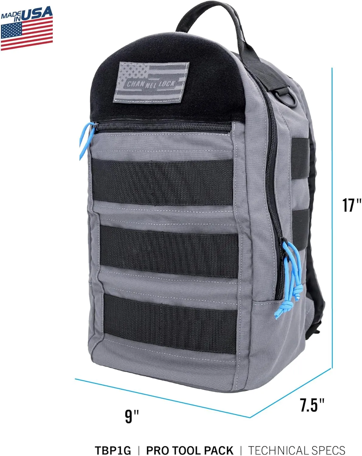 CHANNELLOCK TBP1G PRO Single-Compartment Tool Back Pack with Modular AIMS System, Water Resistant Tool Bag, Cordura Material, Manufactured to U.S. Military Specifications, 100% Made in USA