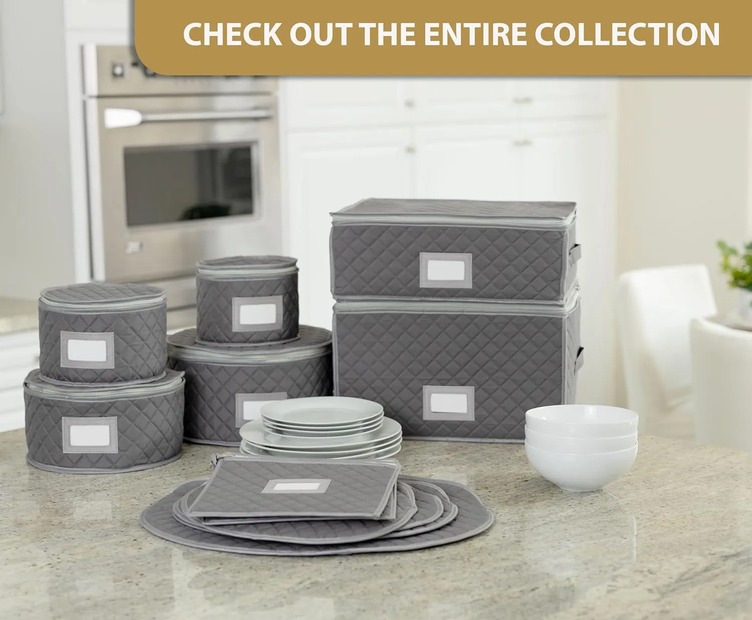 China Storage Case - Saucer or Small Plate Quilted Case - 7" diameter x 6" height - Gray - Includes 12 Felt Separators -Stackable With Padded Interior - Great for Appetizer Plates