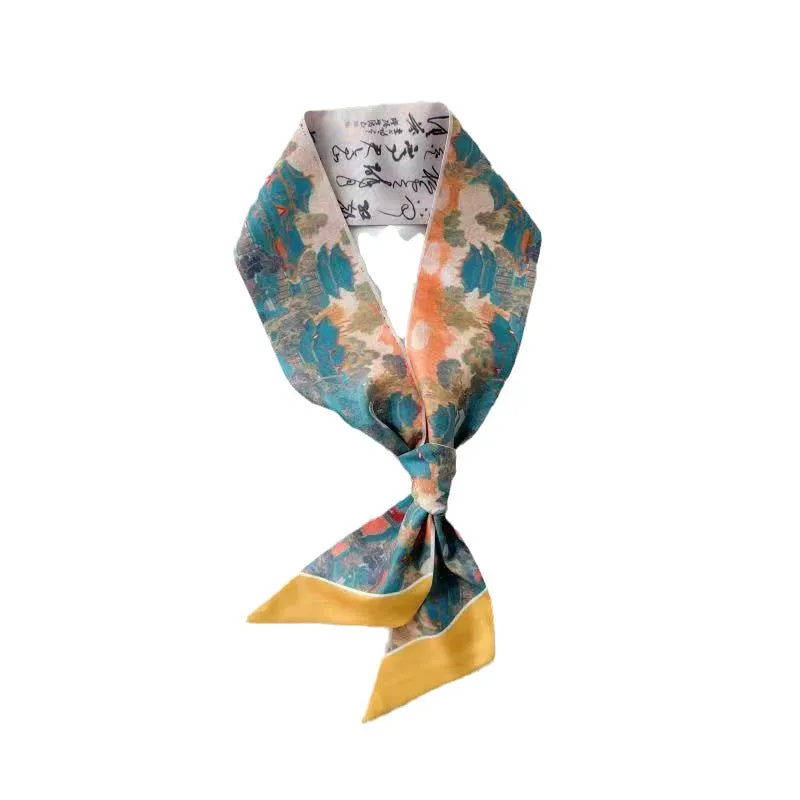 Chinese-Style Oil Painting Small Silk Scarf – Decorative Long Tie Scarf, Headband, and Butterfly Knot for Bags and Hair