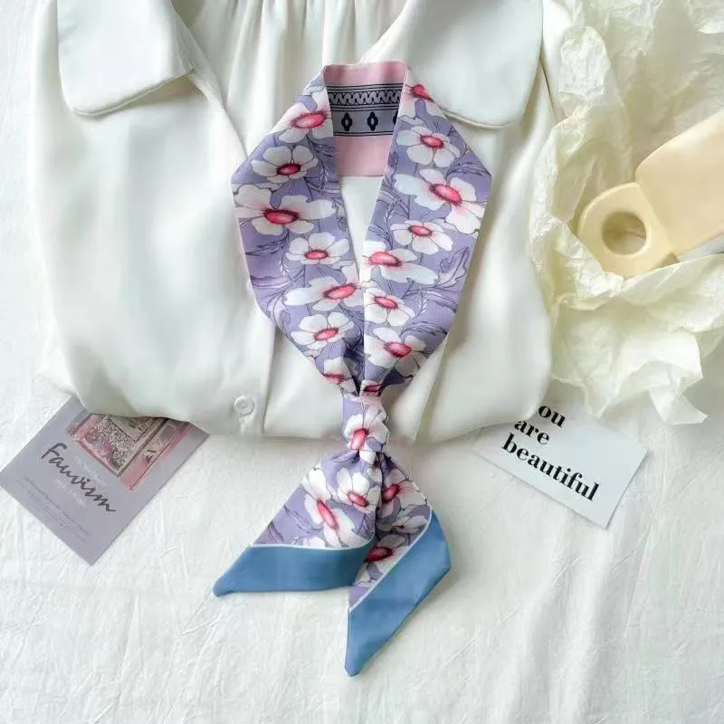 Chinese-Style Oil Painting Small Silk Scarf – Decorative Long Tie Scarf, Headband, and Butterfly Knot for Bags and Hair