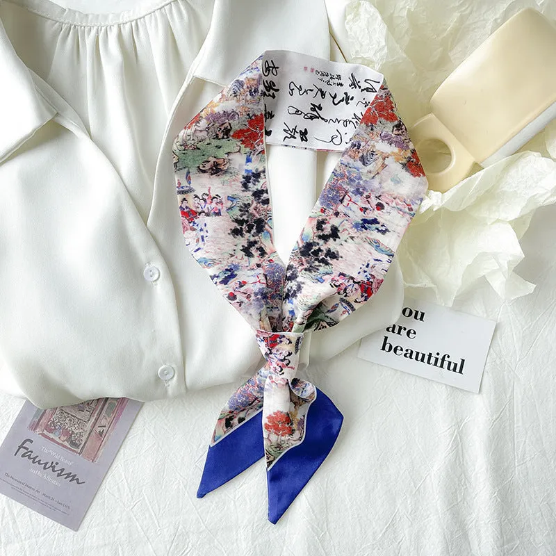 Chinese-Style Oil Painting Small Silk Scarf – Decorative Long Tie Scarf, Headband, and Butterfly Knot for Bags and Hair