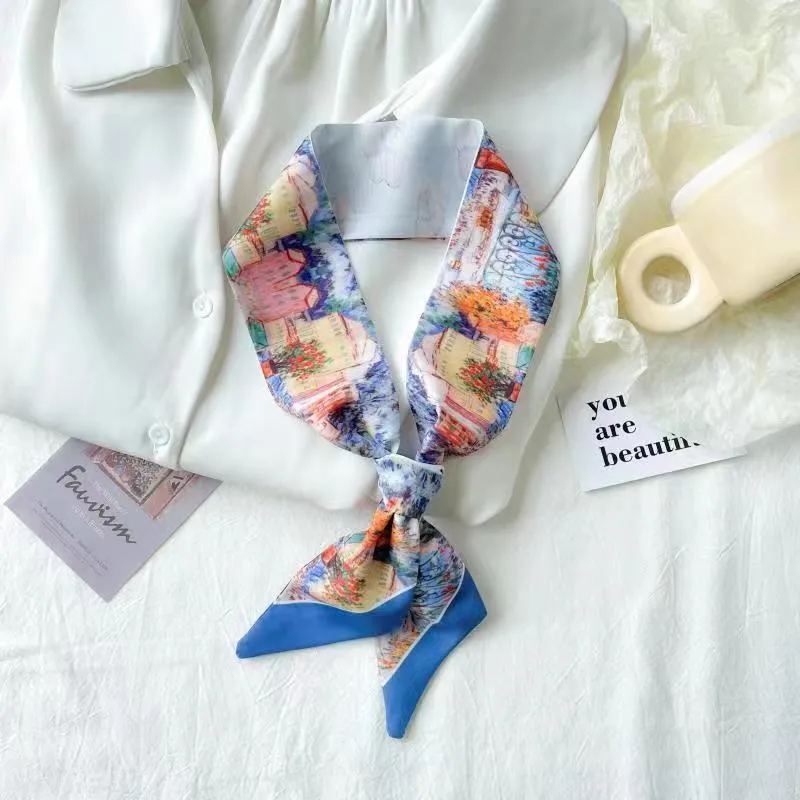 Chinese-Style Oil Painting Small Silk Scarf – Decorative Long Tie Scarf, Headband, and Butterfly Knot for Bags and Hair