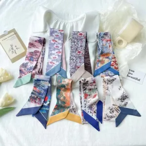 Chinese-Style Oil Painting Small Silk Scarf – Decorative Long Tie Scarf, Headband, and Butterfly Knot for Bags and Hair