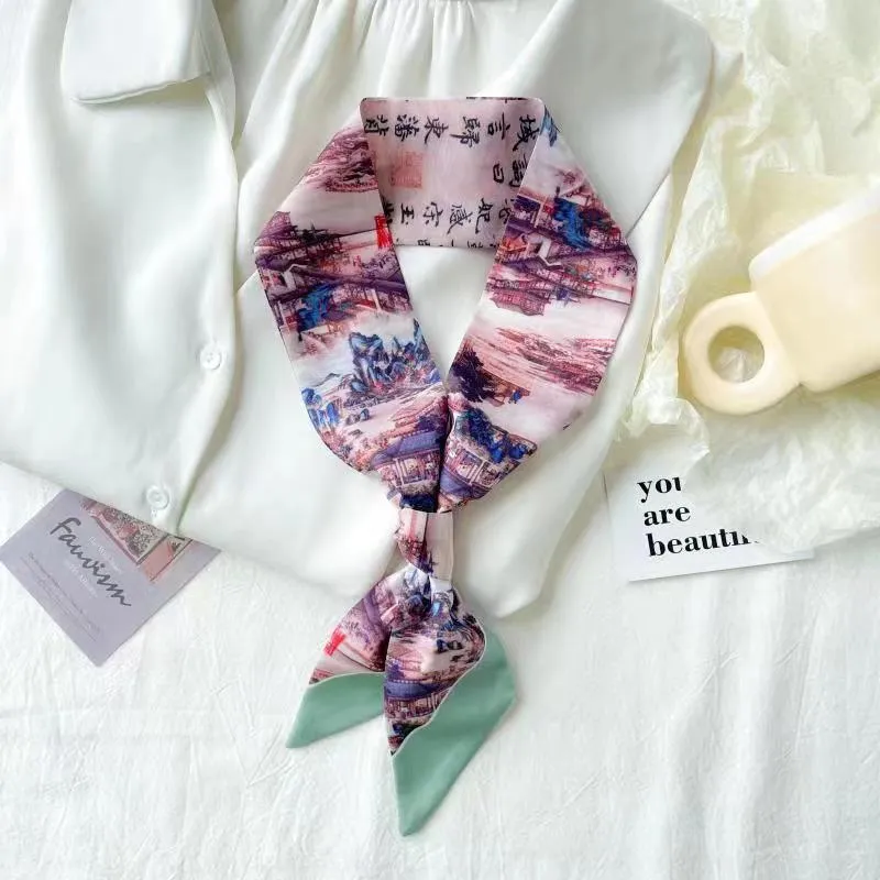 Chinese-Style Oil Painting Small Silk Scarf – Decorative Long Tie Scarf, Headband, and Butterfly Knot for Bags and Hair