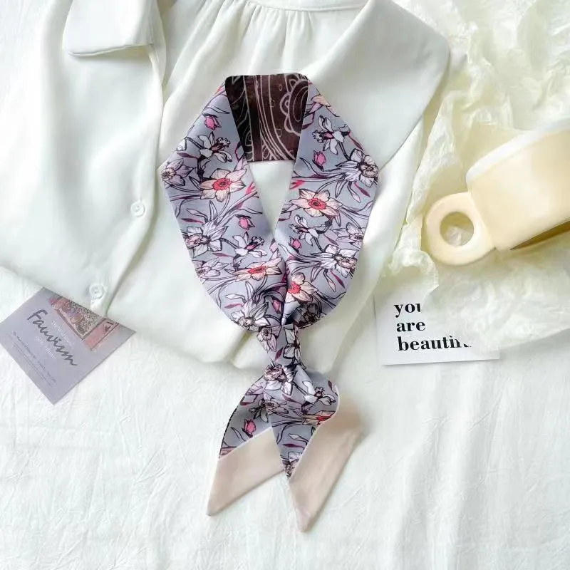 Chinese-Style Oil Painting Small Silk Scarf – Decorative Long Tie Scarf, Headband, and Butterfly Knot for Bags and Hair