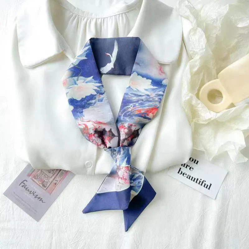 Chinese-Style Oil Painting Small Silk Scarf – Decorative Long Tie Scarf, Headband, and Butterfly Knot for Bags and Hair