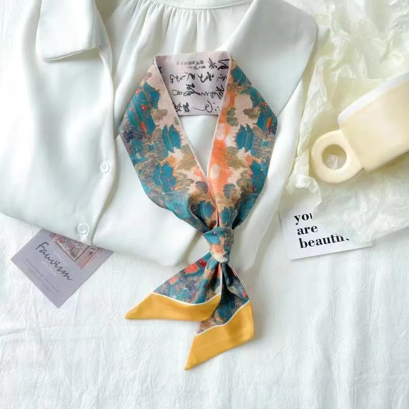 Chinese-Style Oil Painting Small Silk Scarf – Decorative Long Tie Scarf, Headband, and Butterfly Knot for Bags and Hair