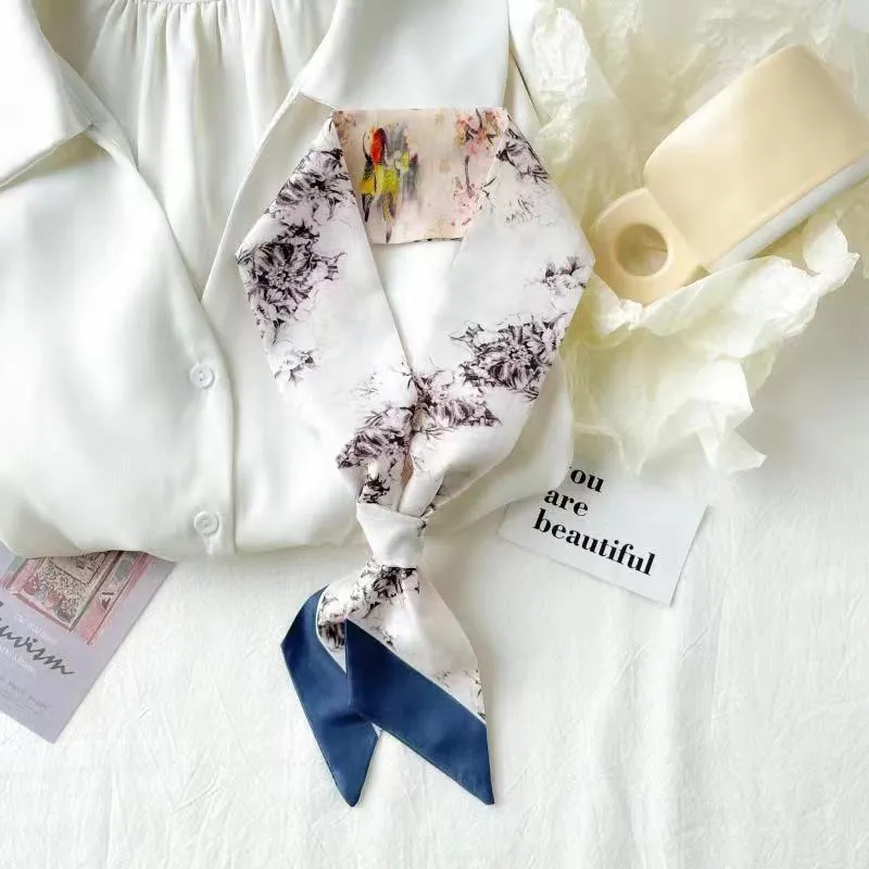Chinese-Style Oil Painting Small Silk Scarf – Decorative Long Tie Scarf, Headband, and Butterfly Knot for Bags and Hair