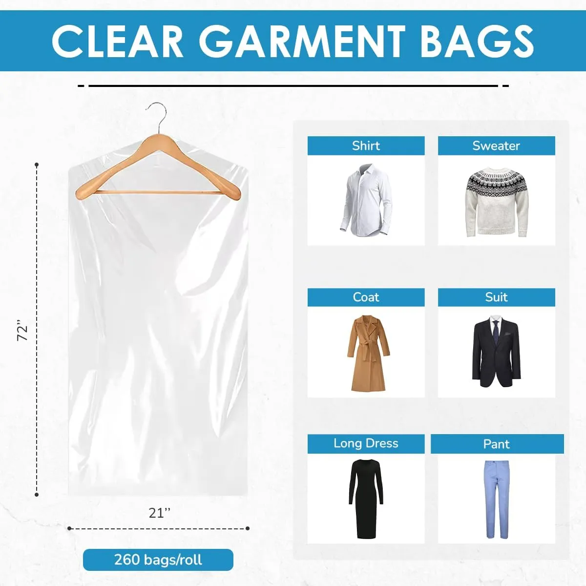 Clear Garment Bags, 0.6 Mil Plastic (21"x7"x72"), 260 Bags/Roll, Transparent Dress Covers for Storage, Travel and Dry Cleaning