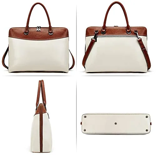 CLUCI Briefcase for Women Oil Wax Leather 15.6 Inch Laptop Business Vintage Slim Ladies Shoulder Bag Beige with Brown