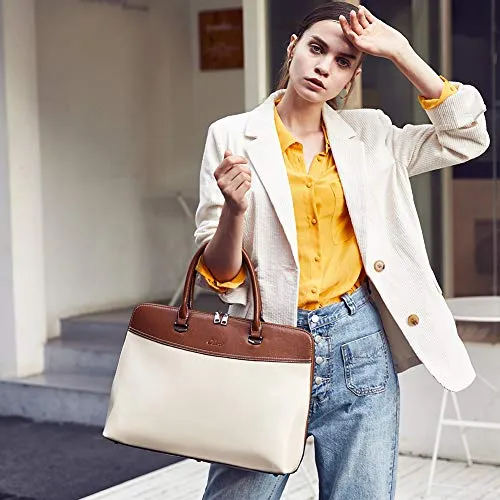 CLUCI Briefcase for Women Oil Wax Leather 15.6 Inch Laptop Business Vintage Slim Ladies Shoulder Bag Beige with Brown