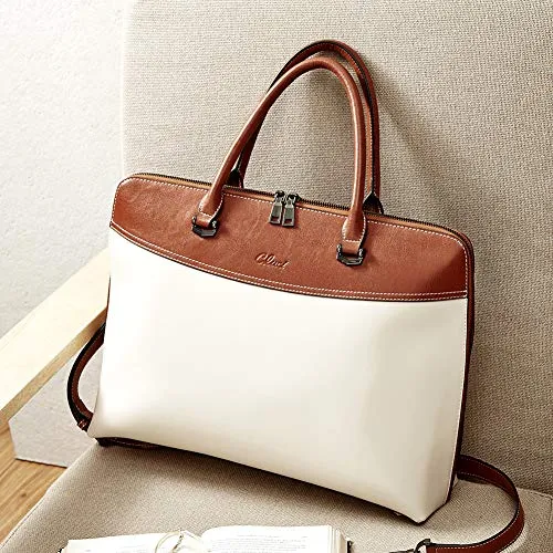 CLUCI Briefcase for Women Oil Wax Leather 15.6 Inch Laptop Business Vintage Slim Ladies Shoulder Bag Beige with Brown