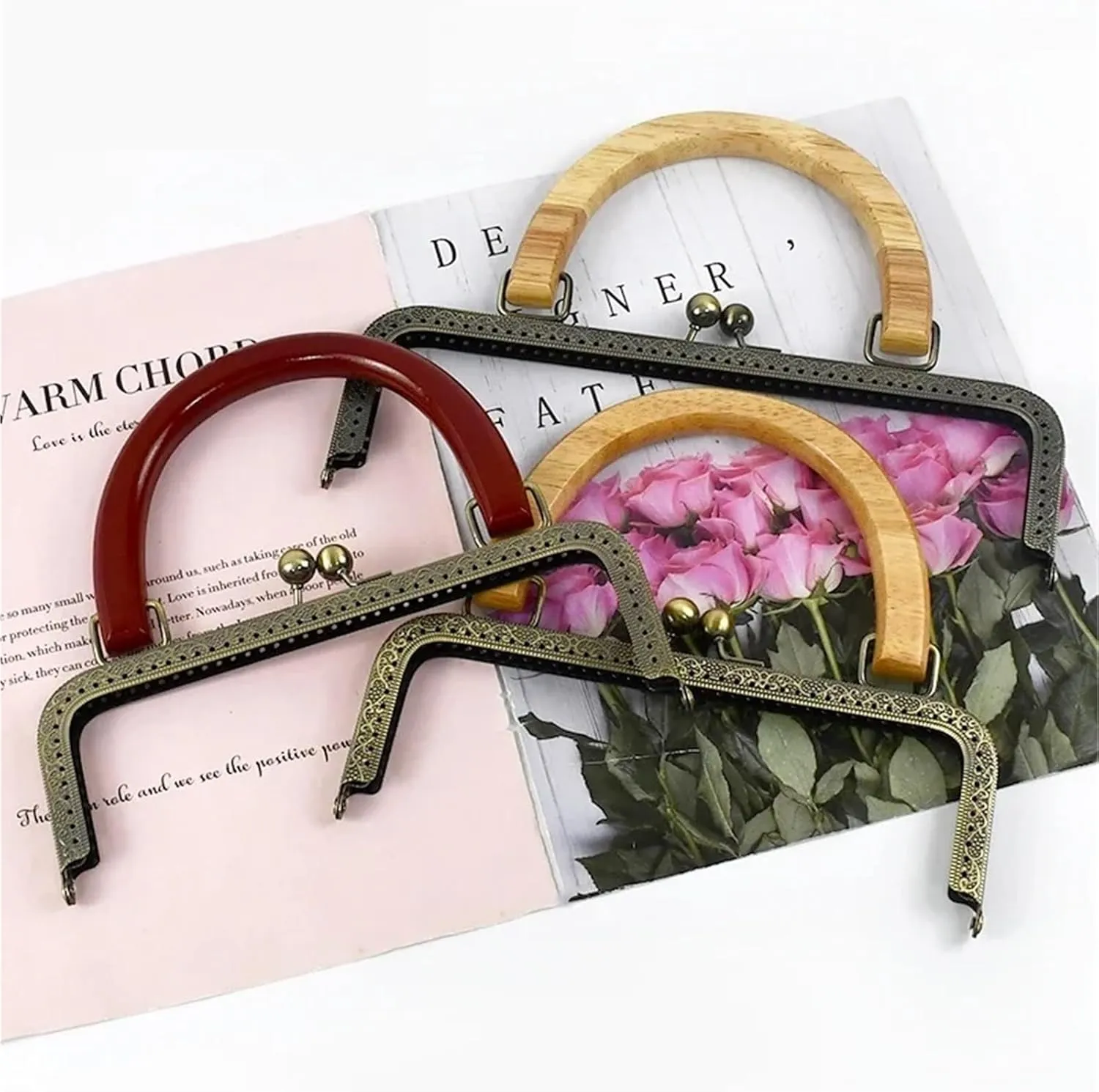 Clutch Bag Clasp 20/25cm Metal Square Kiss Clasp Handles Embossed/Smooth Purse Frames Wooden Handle Bags Brackets Wallet Framework(20cm-C)