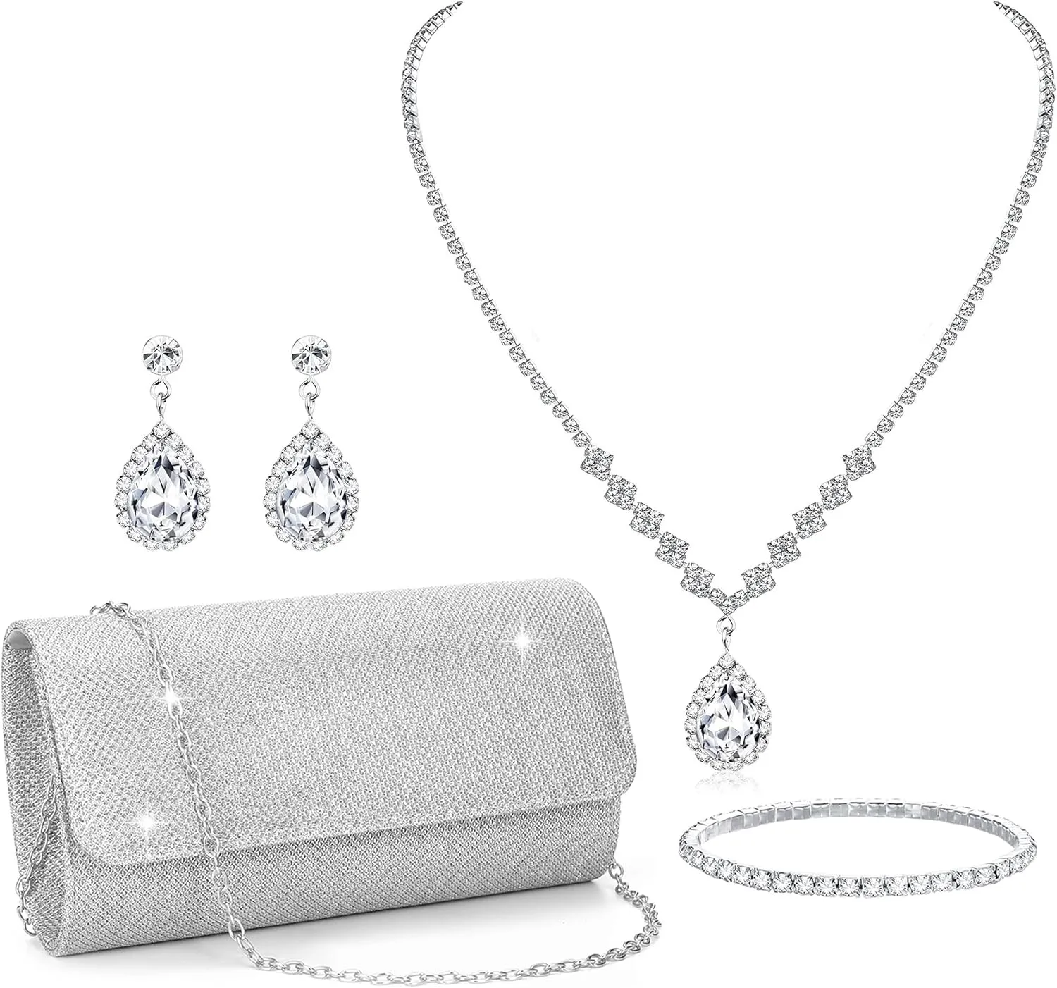 Clutch Purse Jewelry Set for Women Evening Bags Silver Gold Rhinestone Crystal Necklace Earrings Bracelet Set Formal Wedding Bridal Accessories Jewelry for Prom