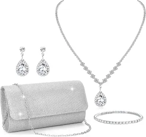 Clutch Purse Jewelry Set for Women Evening Bags Silver Gold Rhinestone Crystal Necklace Earrings Bracelet Set Formal Wedding Bridal Accessories Jewelry for Prom