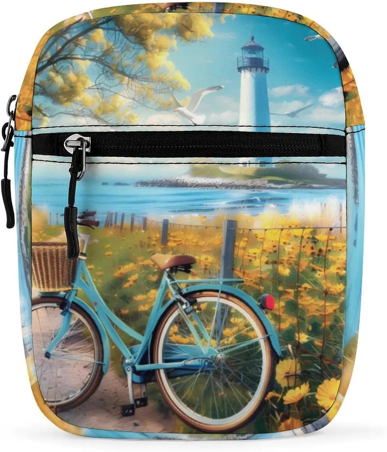 Coastal Lighthouse And Seagull Seaside Bikes Small Crossbody Bags Mini Shoulder Bag Travel Messenger Bag for Men Women