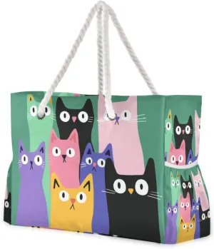 Colorful Cats Portable Duffel Bag Sports Tote with side pocketes Womens Weekender Travel with cup holders on side