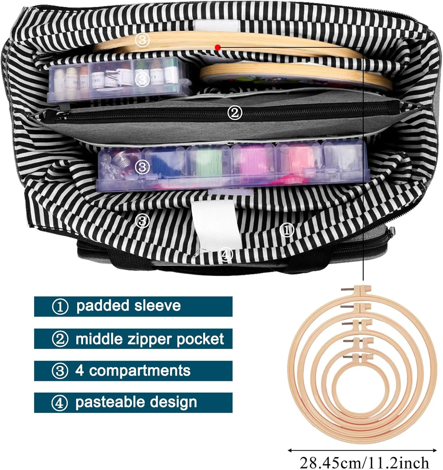 Coopay Embroidery Project Carrying Bag, Multi-pocket Embroidery Kits Storage Bag for Carrying Embroidery Floss, Cross Stitch & Hoops, Waterproof Oxford Fabric, Elegant Black (No Accessories Included)