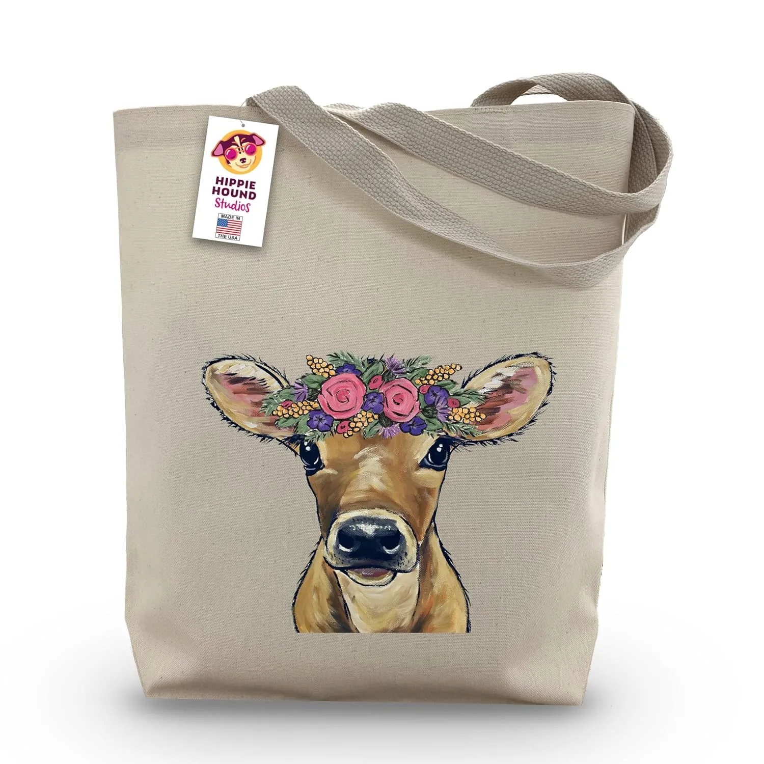 Cow Tote Bag - Calf flower crown tote bag - Cow Lover Gift - Mother's Day - Gifts for Mom - Gift for Cow Lovers - Cow Christmas Gifts - Cute Calf Tote