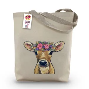 Cow Tote Bag - Calf flower crown tote bag - Cow Lover Gift - Mother's Day - Gifts for Mom - Gift for Cow Lovers - Cow Christmas Gifts - Cute Calf Tote