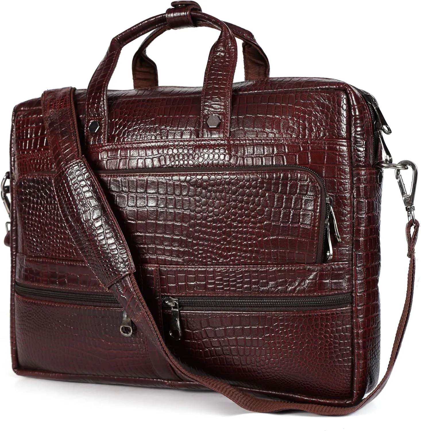Crocodile Embossed Leather Briefcases for Men, Laptop Briefcase For Men, Leather Bag, Satchel Shoulder Bag, 5 Zipper Pockets with 2 Spacious Compartments.,12 x 16 x 4 inches. (Dark Brown)