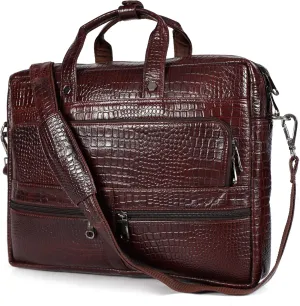 Crocodile Embossed Leather Briefcases for Men, Laptop Briefcase For Men, Leather Bag, Satchel Shoulder Bag, 5 Zipper Pockets with 2 Spacious Compartments.,12 x 16 x 4 inches. (Dark Brown)