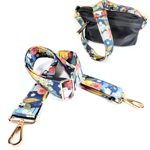Cross Body Blue Japanese Floral With Rabbits Guitar Style Bag Strap - Custom Color- Adjustable -Double Padded-Durable- (1.5" Width, Bronze)