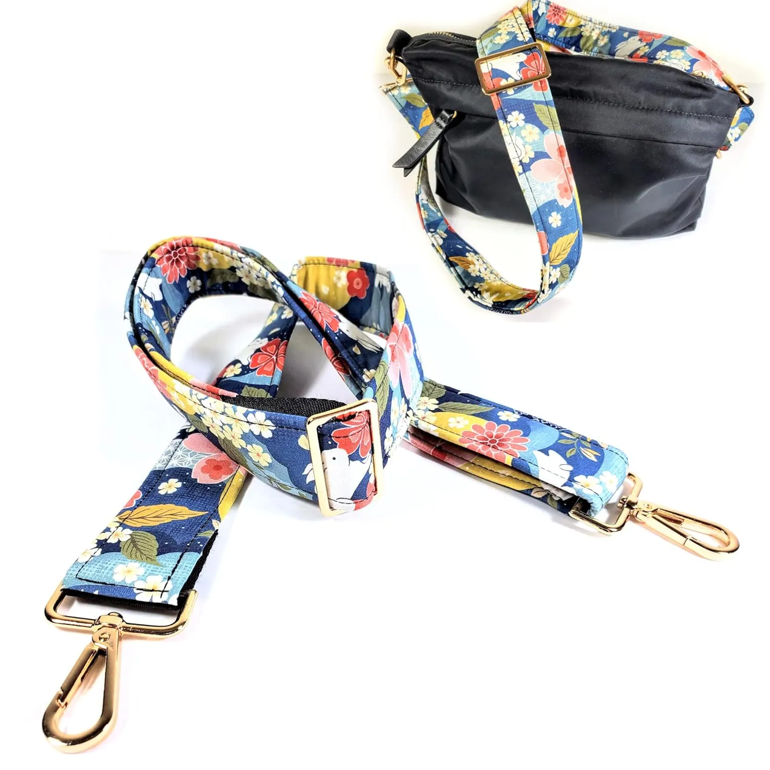 Cross Body Blue Japanese Floral With Rabbits Guitar Style Bag Strap - Custom Color- Adjustable -Double Padded-Durable- (1.5" Width, Bronze)