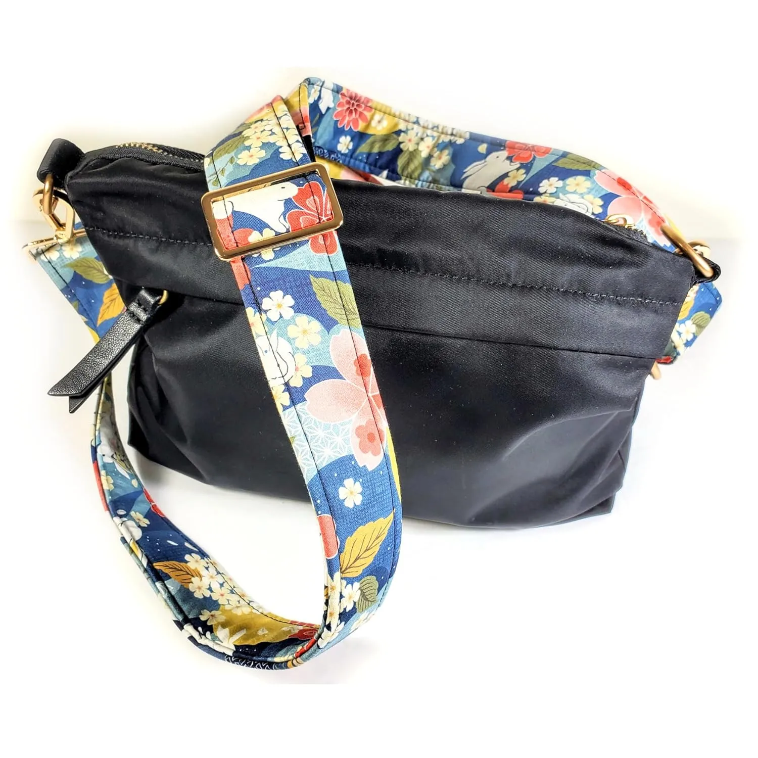 Cross Body Blue Japanese Floral With Rabbits Guitar Style Bag Strap - Custom Color- Adjustable -Double Padded-Durable- (1.5" Width, Bronze)