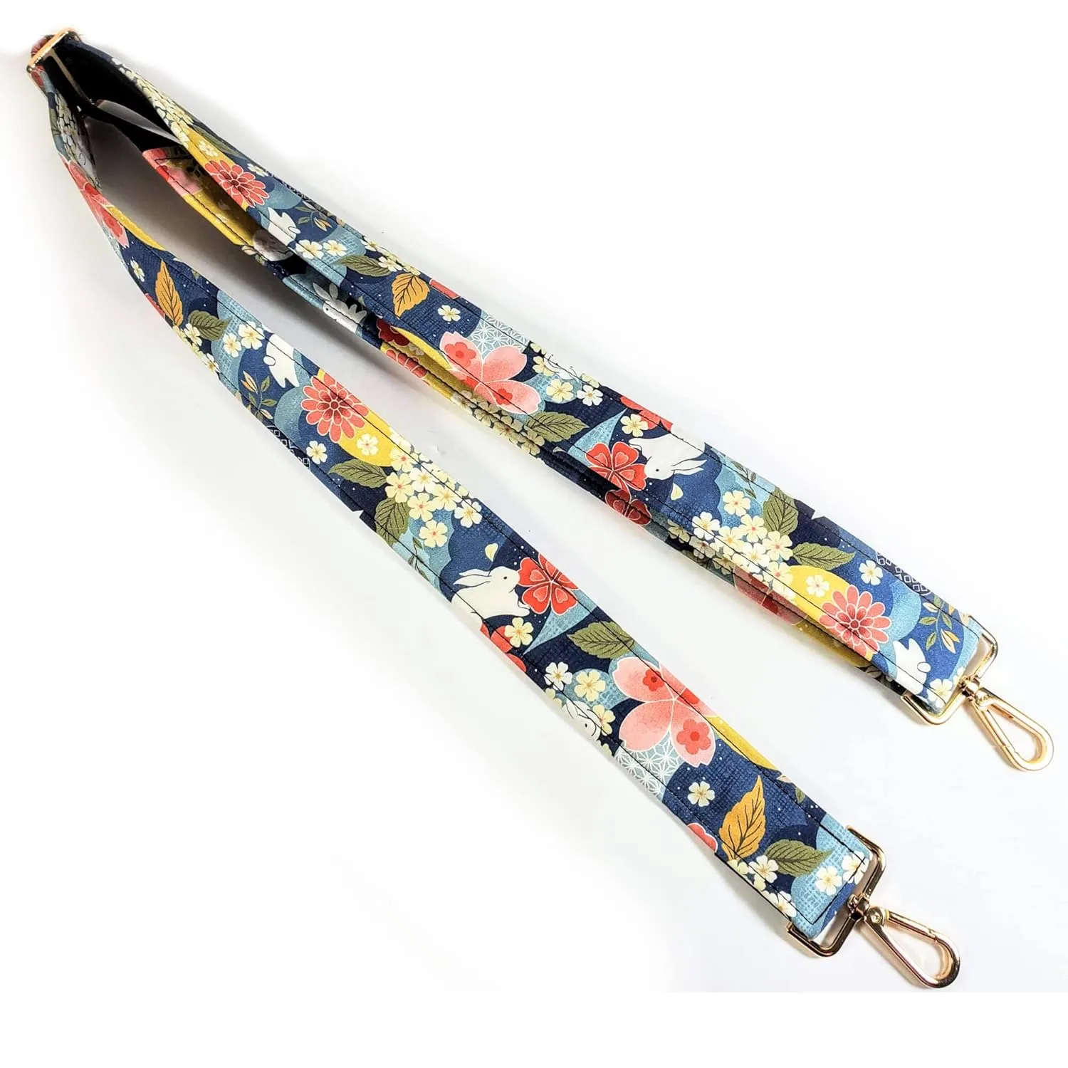 Cross Body Blue Japanese Floral With Rabbits Guitar Style Bag Strap - Custom Color- Adjustable -Double Padded-Durable- (1.5" Width, Bronze)