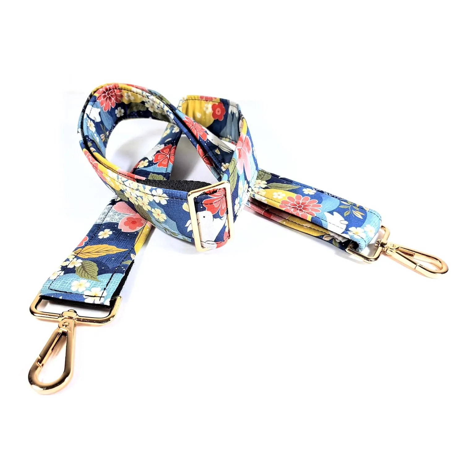 Cross Body Blue Japanese Floral With Rabbits Guitar Style Bag Strap - Custom Color- Adjustable -Double Padded-Durable- (1.5" Width, Bronze)