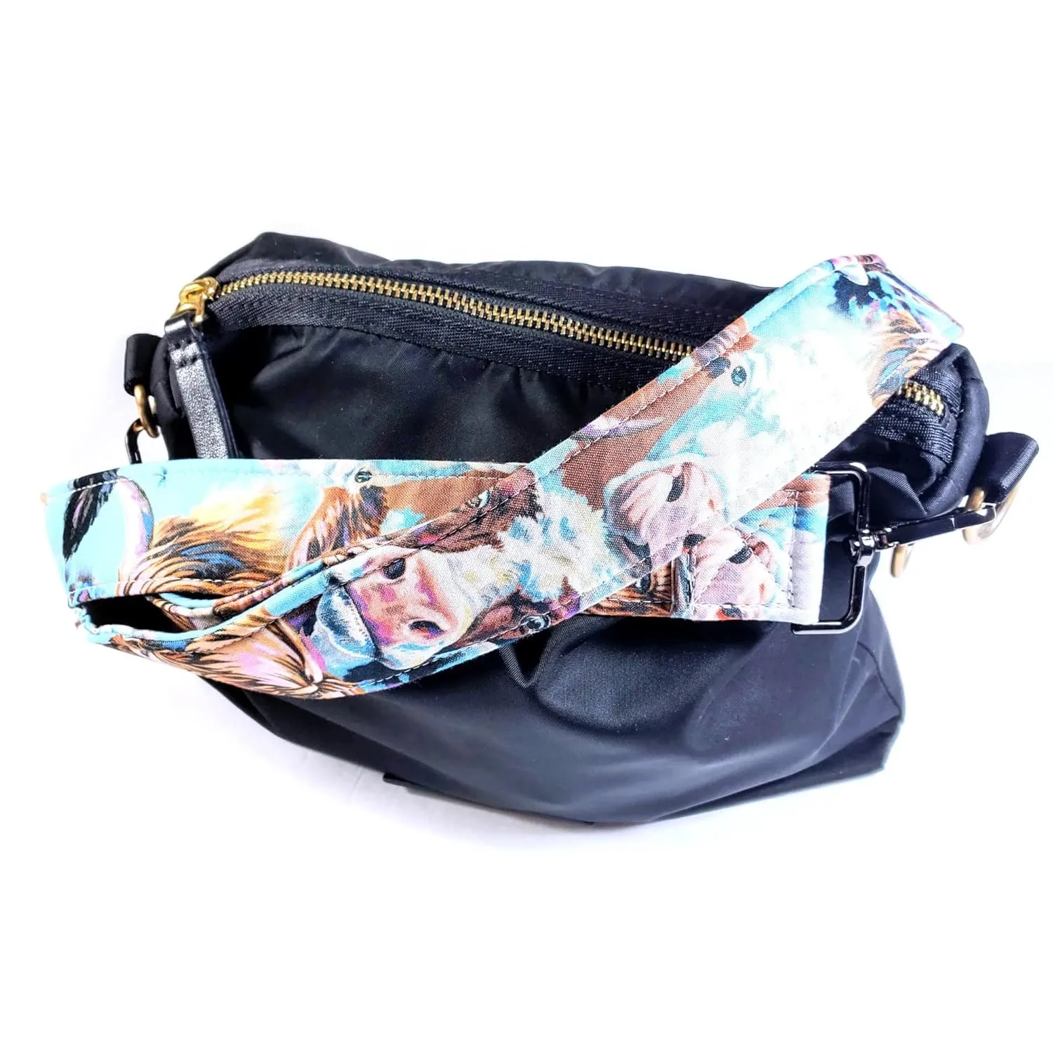 Cross Body Cow Guitar Style Bag Strap -Cow Face Cross Body Style Bag Strap - Custom Hardware Color- Adjustable -Double Padded-Durable- (2" Width, Gold)