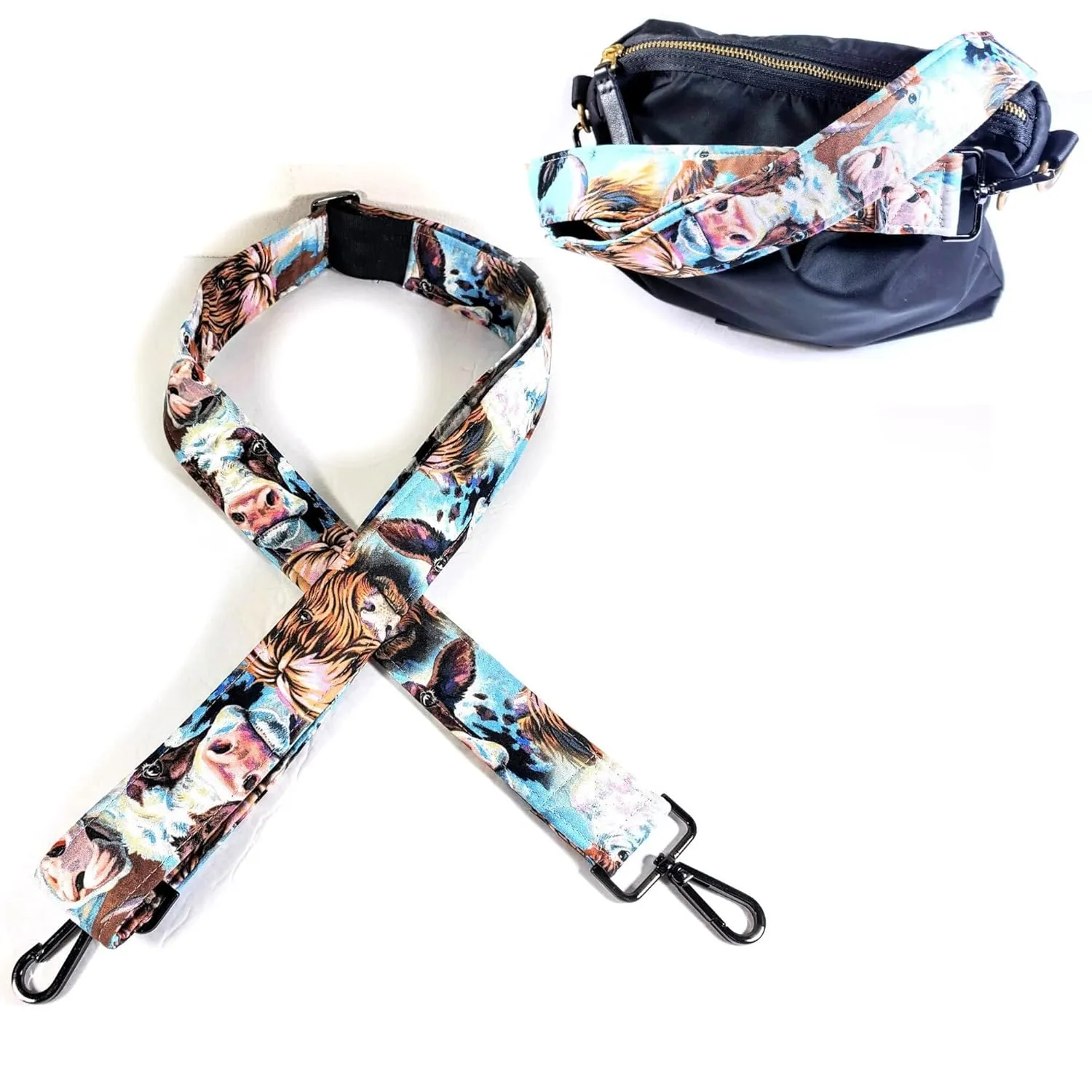 Cross Body Cow Guitar Style Bag Strap -Cow Face Cross Body Style Bag Strap - Custom Hardware Color- Adjustable -Double Padded-Durable- (2" Width, Gold)