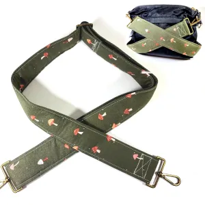 Cross Body Mushroom and Sage Guitar Style Bag Strap - Mushroom Bag Strap - Custom Hardware Color- Adjustable -Double Padded-Durable- (2" Width, Silver)