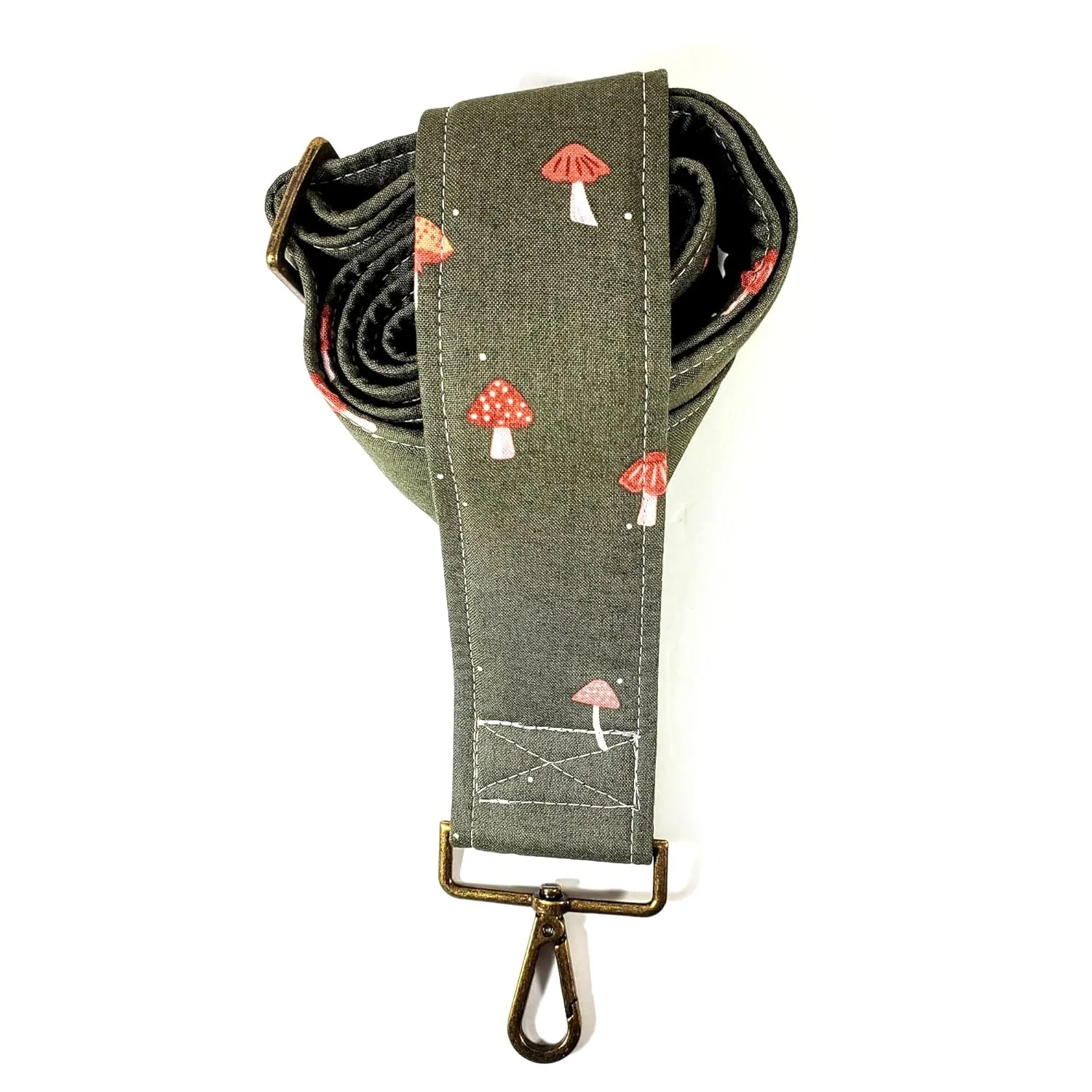 Cross Body Mushroom and Sage Guitar Style Bag Strap - Mushroom Bag Strap - Custom Hardware Color- Adjustable -Double Padded-Durable- (2" Width, Silver)