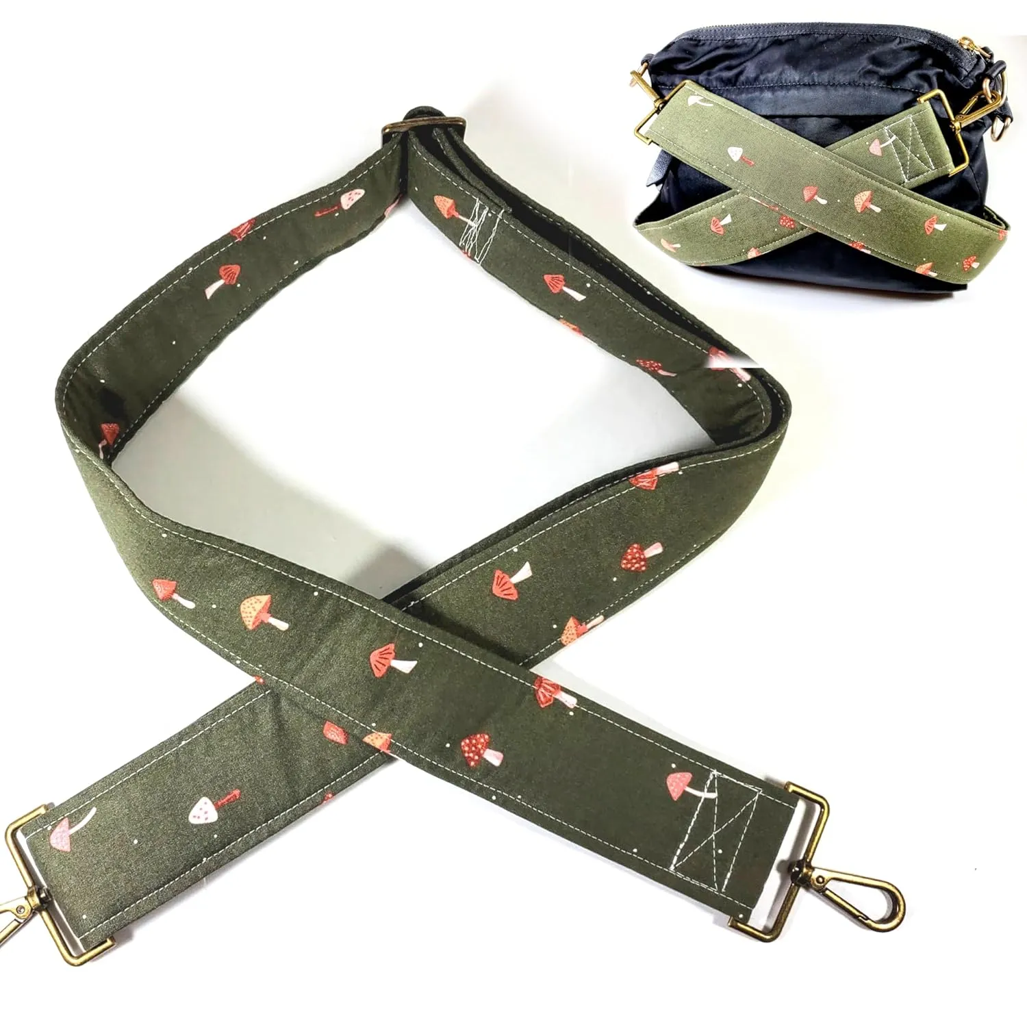 Cross Body Mushroom and Sage Guitar Style Bag Strap - Mushroom Bag Strap - Custom Hardware Color- Adjustable -Double Padded-Durable- (2" Width, Silver)