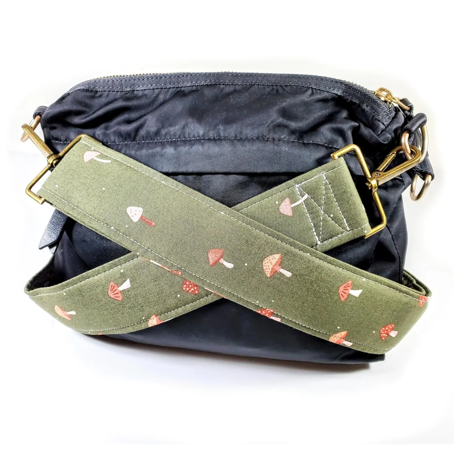 Cross Body Mushroom and Sage Guitar Style Bag Strap - Mushroom Bag Strap - Custom Hardware Color- Adjustable -Double Padded-Durable- (2" Width, Silver)