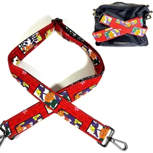 Cross Body Red Japanese Floral Guitar Style Bag Strap - Custom Color- Adjustable -Double Padded-Durable- (1.5" Width, Silver)