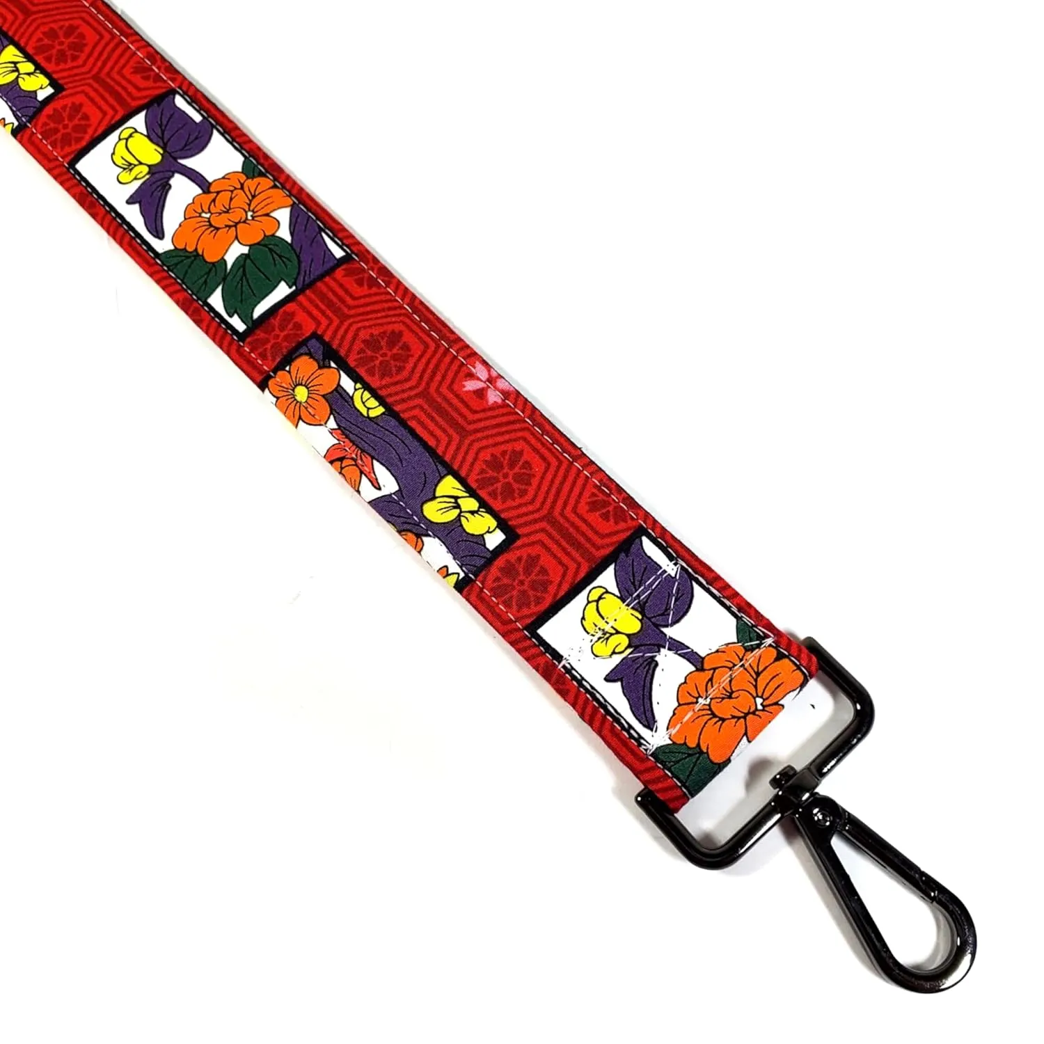 Cross Body Red Japanese Floral Guitar Style Bag Strap - Custom Color- Adjustable -Double Padded-Durable- (1.5" Width, Silver)