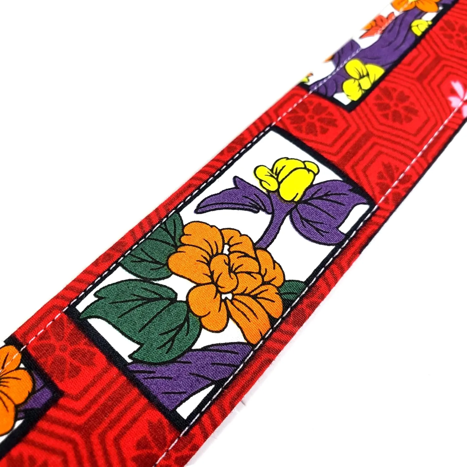 Cross Body Red Japanese Floral Guitar Style Bag Strap - Custom Color- Adjustable -Double Padded-Durable- (1.5" Width, Silver)