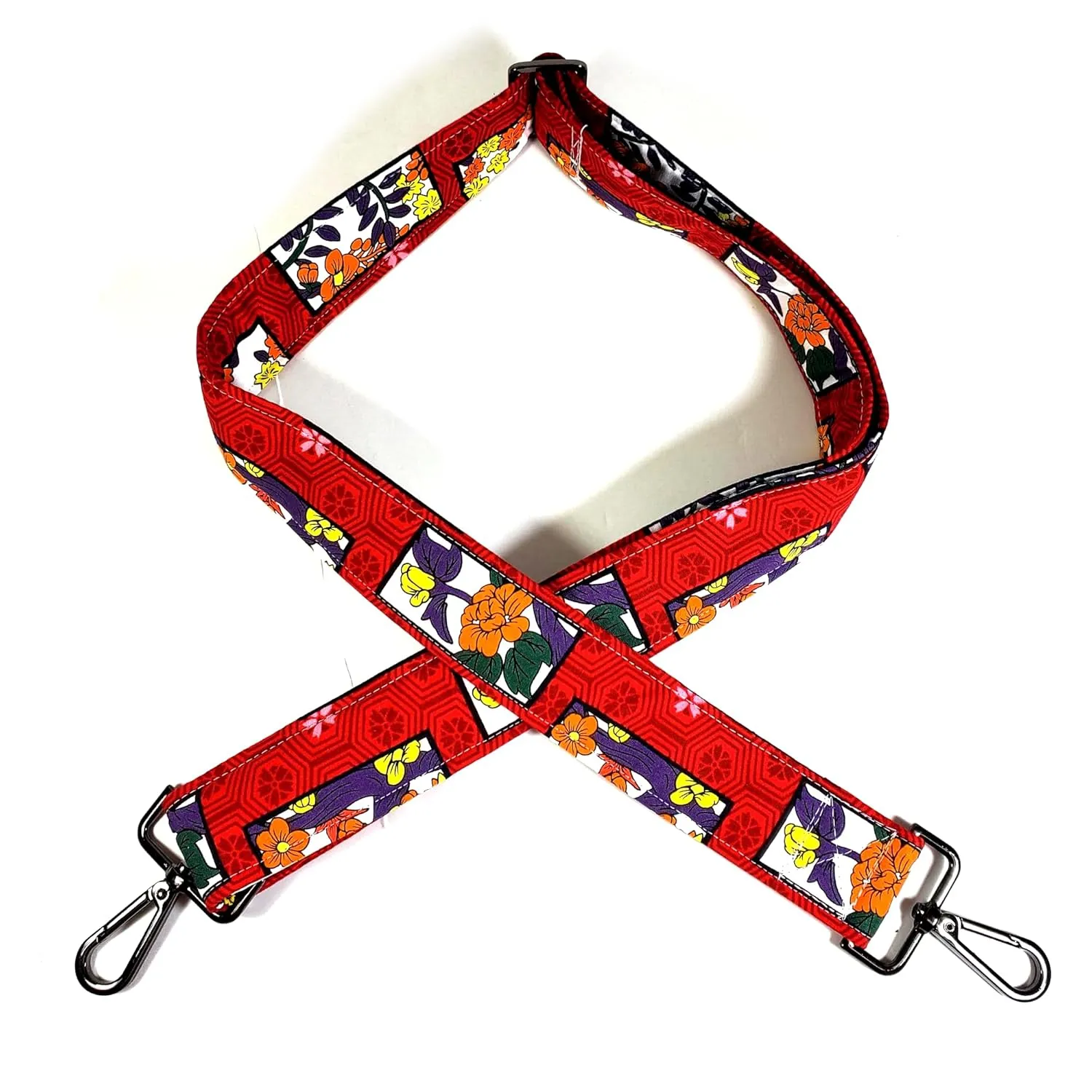 Cross Body Red Japanese Floral Guitar Style Bag Strap - Custom Color- Adjustable -Double Padded-Durable- (1.5" Width, Silver)