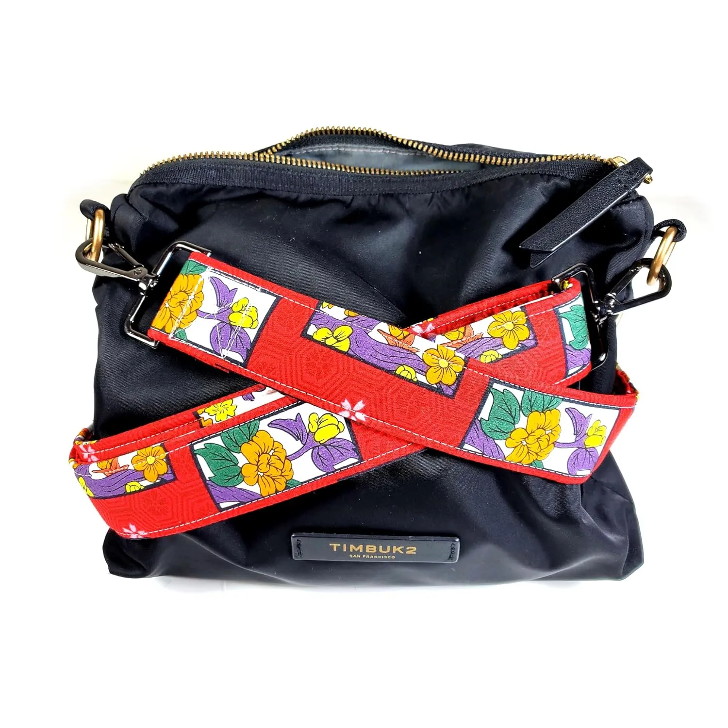 Cross Body Red Japanese Floral Guitar Style Bag Strap - Custom Color- Adjustable -Double Padded-Durable- (1.5" Width, Silver)